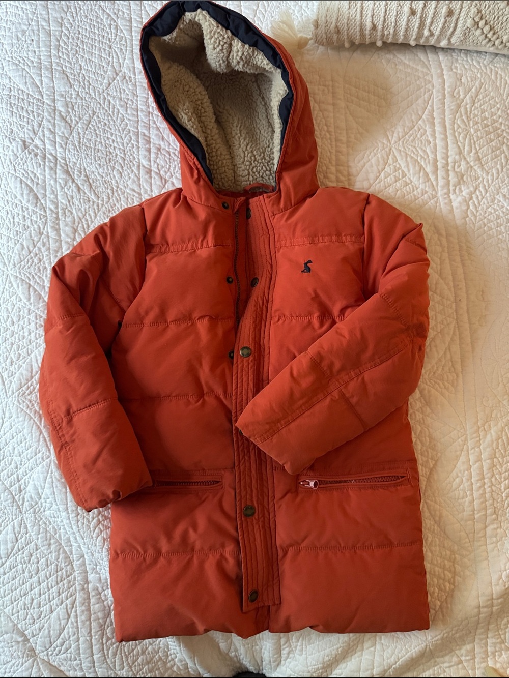 Joules Orange and Navy Hooded Puffer Jacket-size 8 years